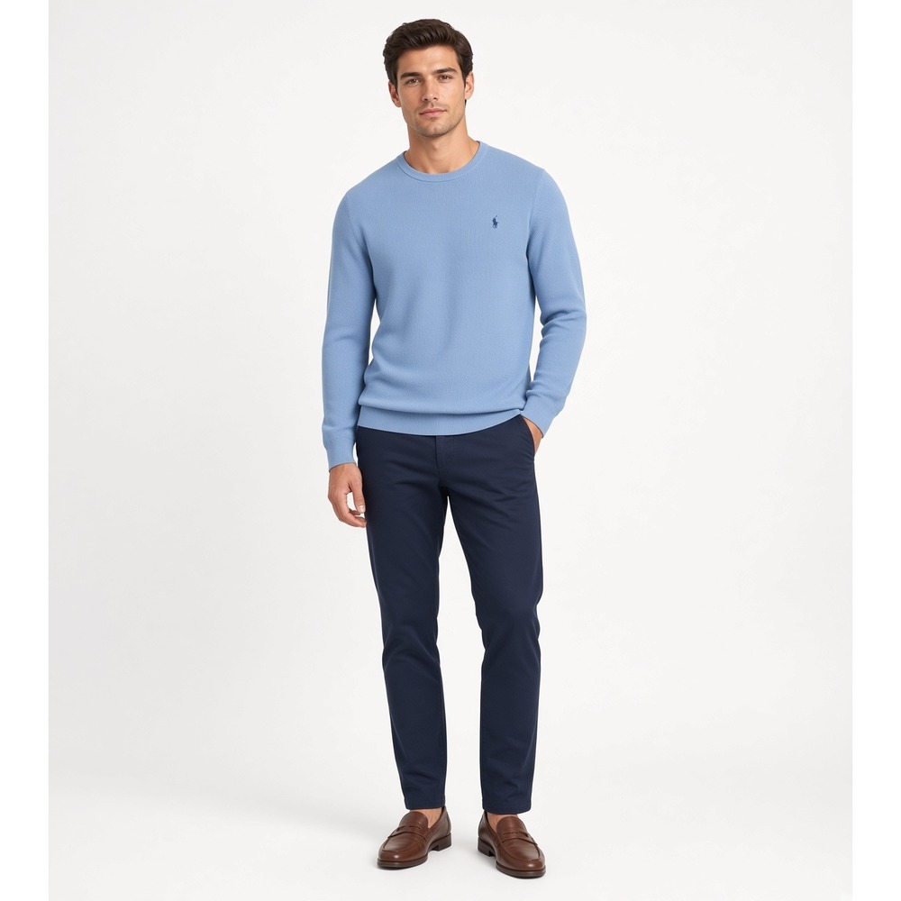 Polo Ralph Lauren Men's Cotton Walffle Knit Crew Neck Sweater Sky Blue Navy XXL